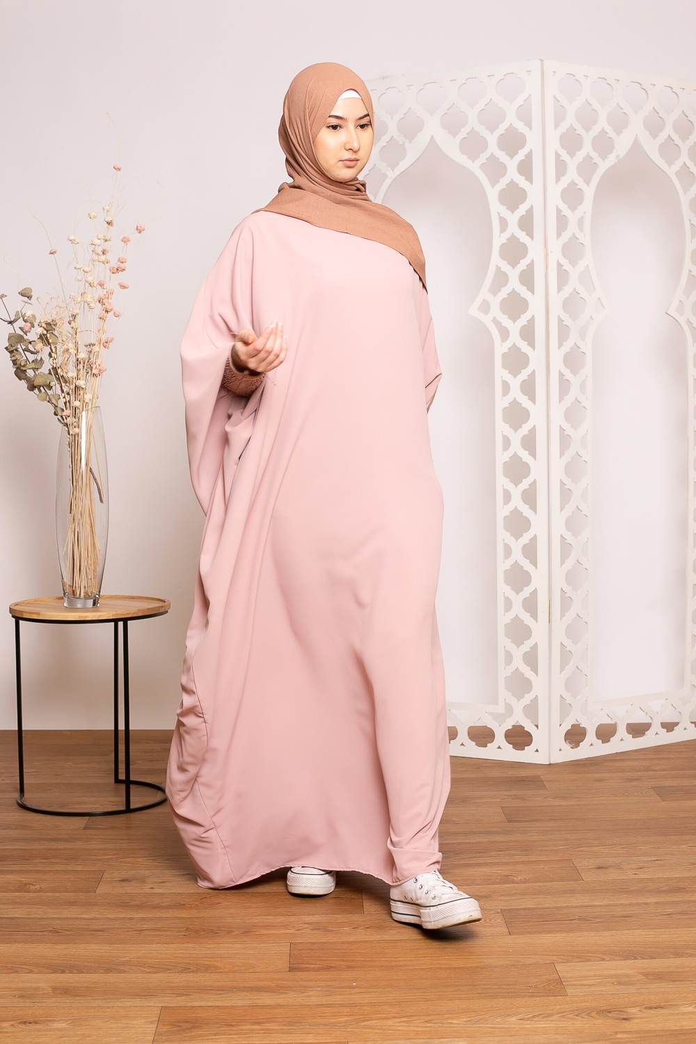 Abaya papillon manchettes élastique rose clair