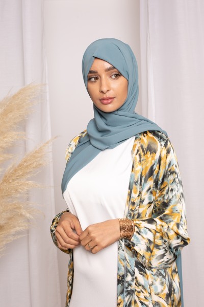 Kimono satin imprimé moutarde collection printemps été boutique musulmane
