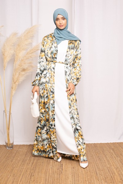 Kimono satin imprimé moutarde collection printemps été boutique musulmane