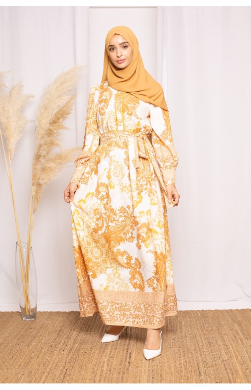 Robe bohème moutarde imprimé d'été boutique musulmane