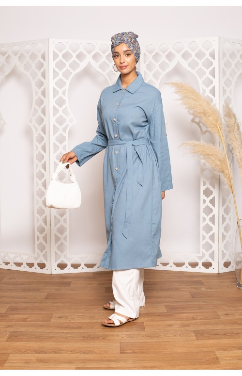 Chemise longue lin coton bleu collection été mastoure pour femme musulmane