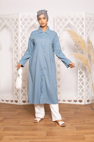 Camisa larga de lino de algodón azul