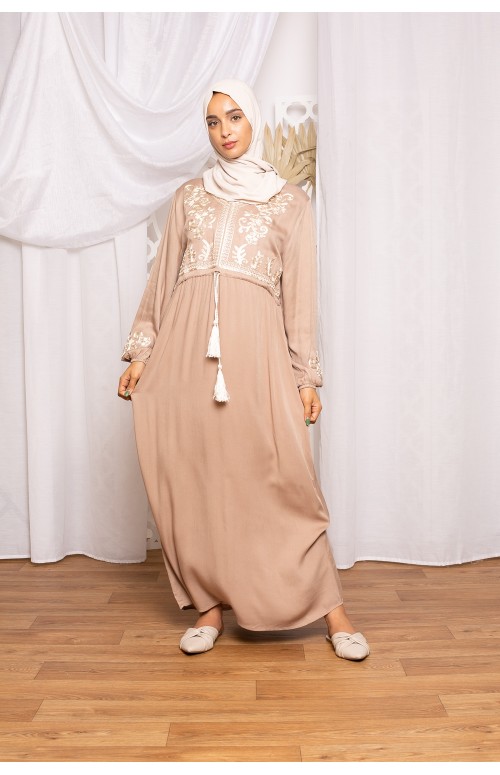 Robe coton brodée taupe vêtement arabe