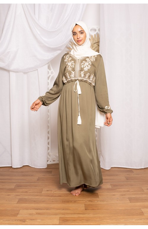 Robe coton brodée kaki boutique prêt à porter pour femme musulmane