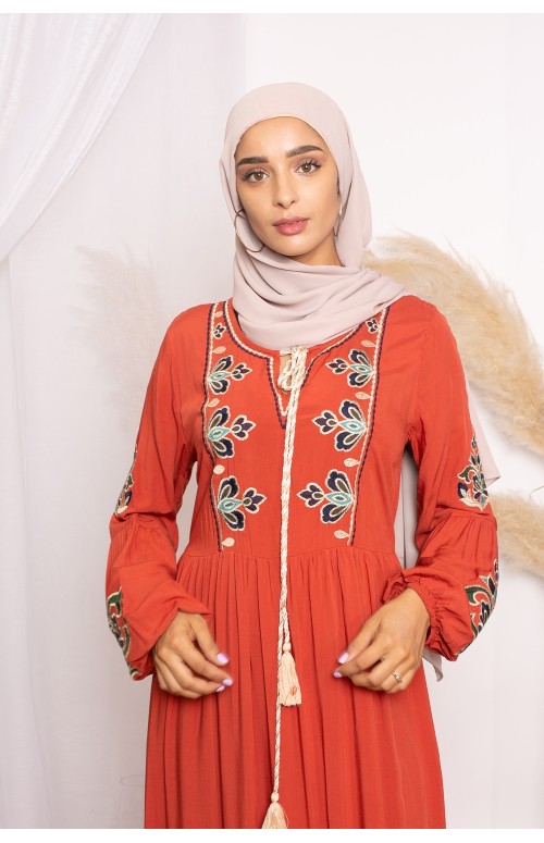 robe coton brodée brique collection été boutique musulmane pas cher