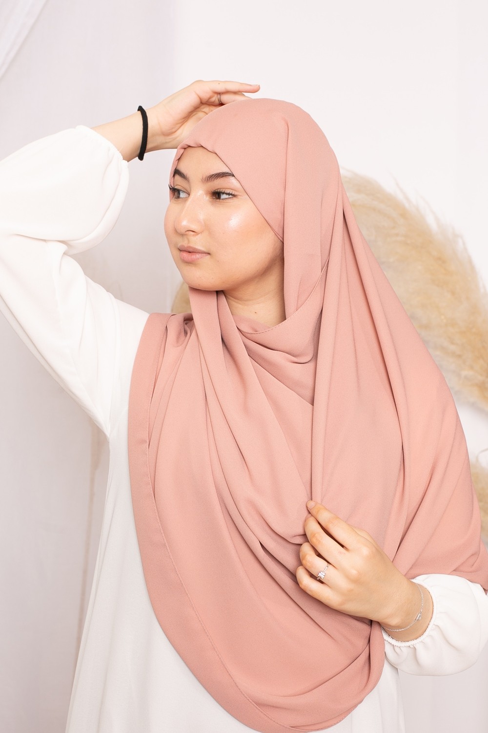 Hijab lux mousseline bonnet intégré pêche