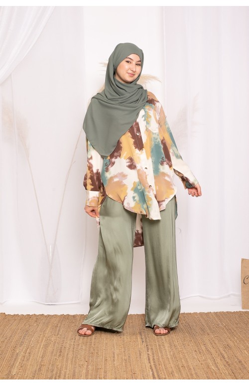 Chemise satiné kaki longue collection été pour femme musulmane