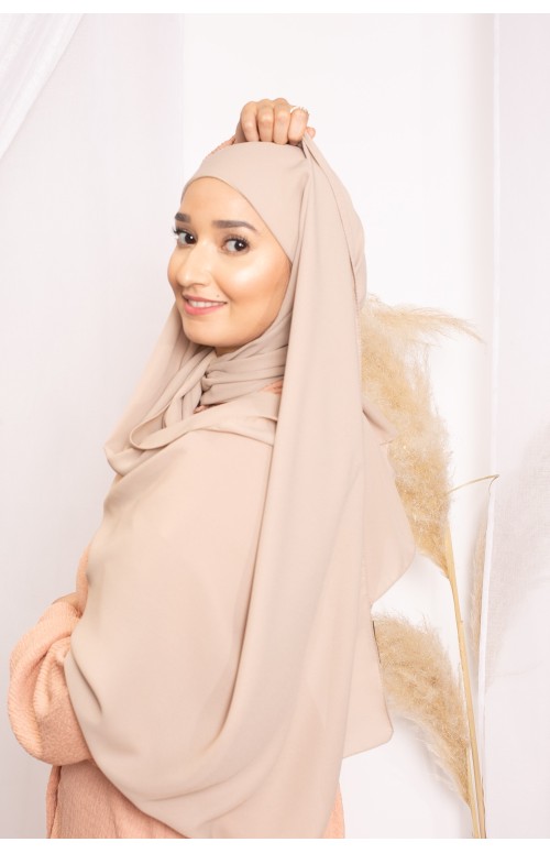 Hijab lux mousseline bonnet intégré beige taupe