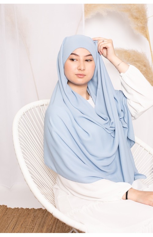 Hijab lux mousseline bonnet intégré bleu