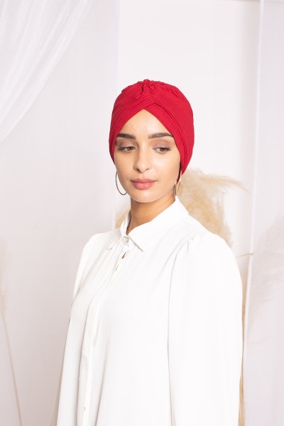 Red pleated turban beanie
