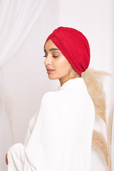 Red pleated turban beanie