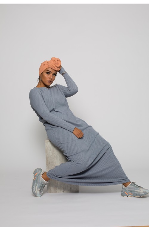 Robe pull bleu gris collection automne hiver pour femme modeste boutique musulmane