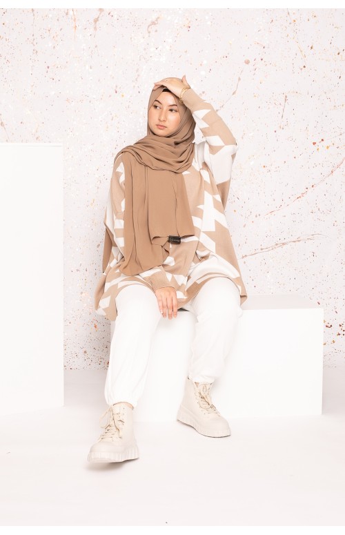 Pull oversize motif beige collection automne hiver boutique hijab musulmane