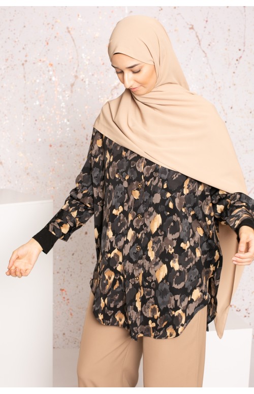 Chemise satiné imprimé noir automne hiver boutique hijab moderne