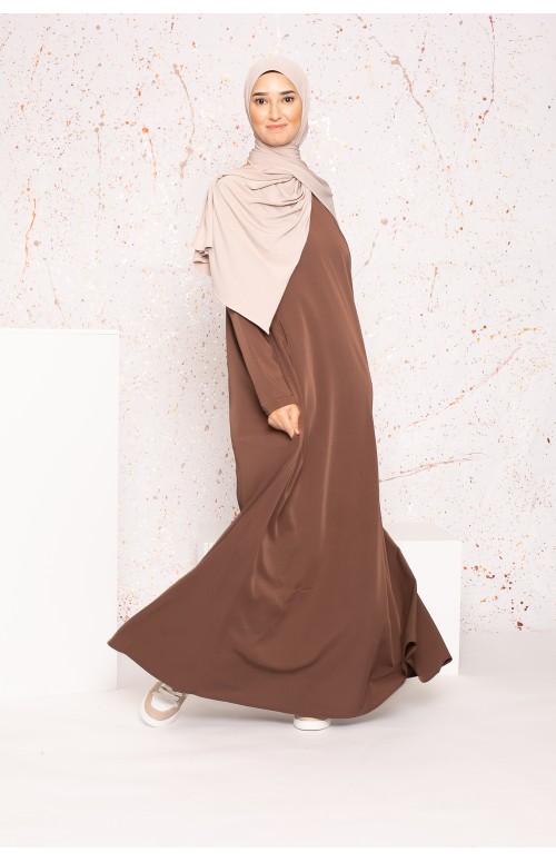 Robe longue évasée marron pour fille musulmane boutique hijab moderne 