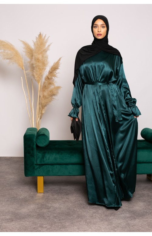 Ensemble 2 pièces satiné vert pour fête boutique musulmane pour femme