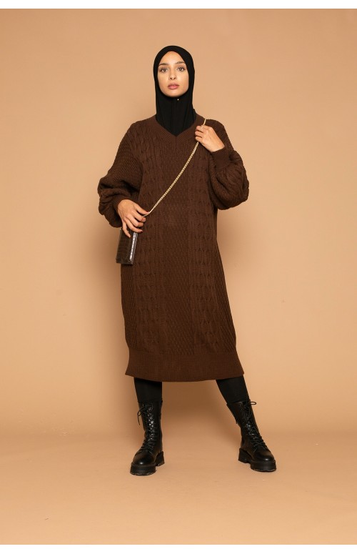 Robe tricot manche ballon marron collection hiver pour femme boutique hijab moderne
