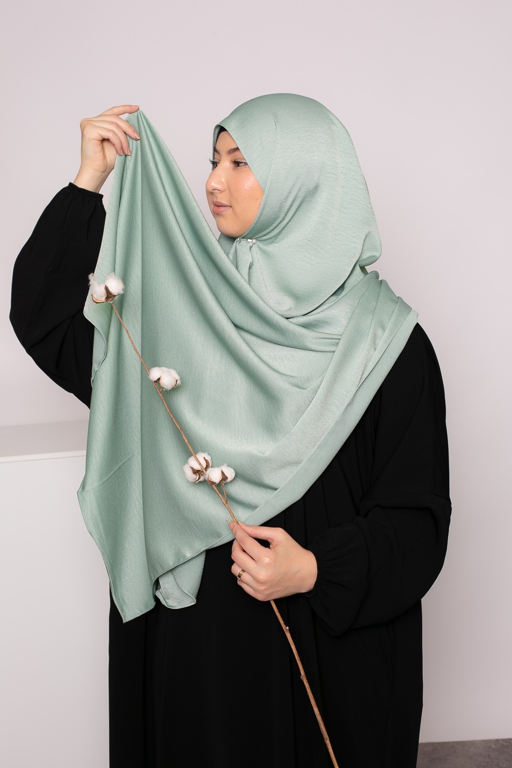 sage green glossy premium hijab