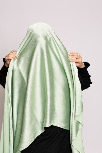 Light green pleated satin ready to tie hijab