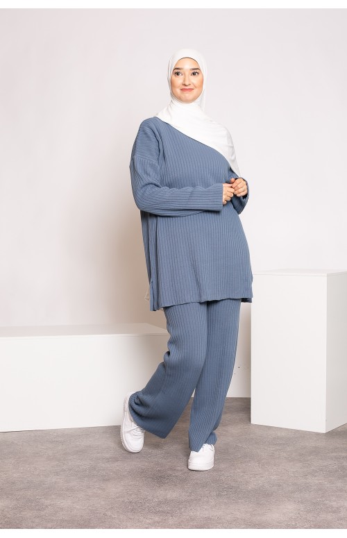 Ensemble pantalon pull tricot bleu gris pour hiver boutique moderne