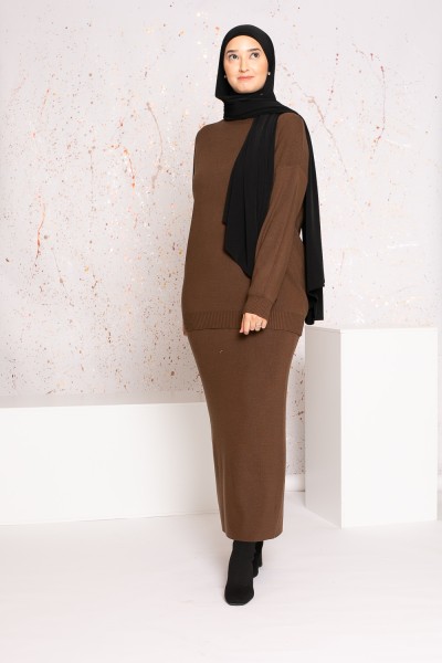Brown high neck jumper and skirt set