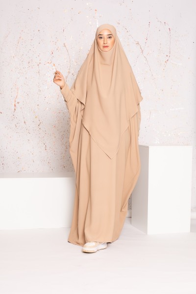 Conjunto abaya khimar beige nude