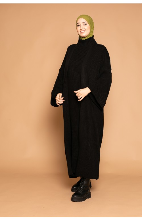 Ensemble maxi gilet et robe tricot noir pour hiver vêtement moderne