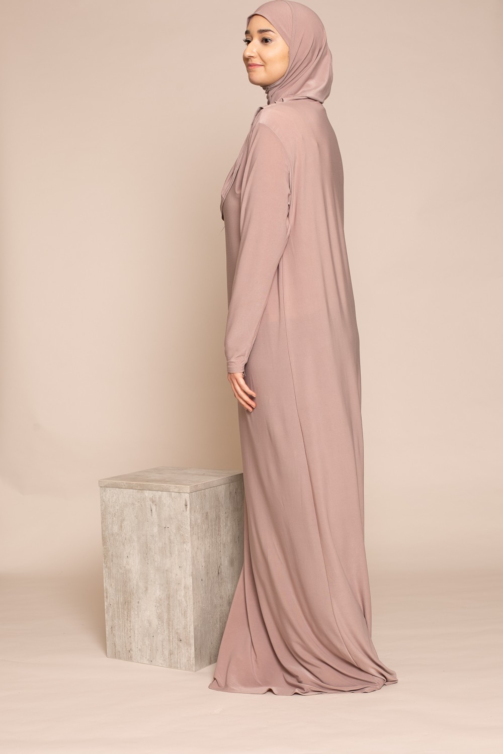 robe prière hijab intégrée taupe rosé boutique musulmane pas cher ramadan 2023
