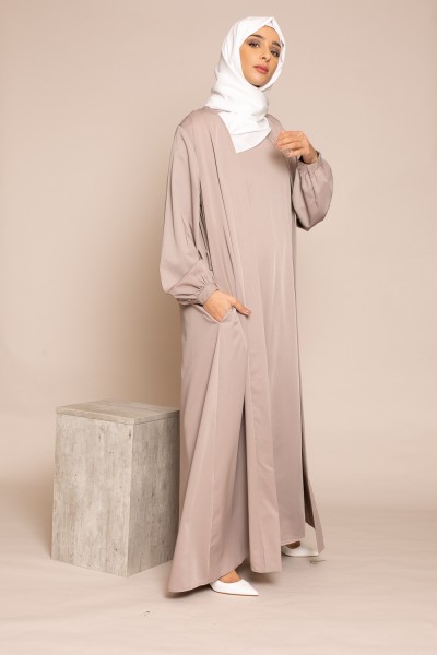 Taupe sleeveless kimono and dress set
