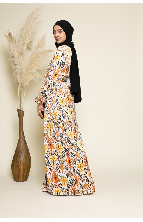 Kimono long satiné imprimé pour femme musulmane