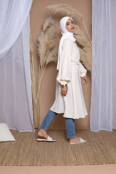Long flared shirt with beige balloon sleeves