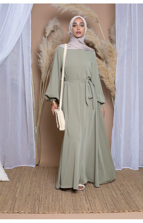 Robe longue évasée manche bouffante verte collection été pour femme musulmane