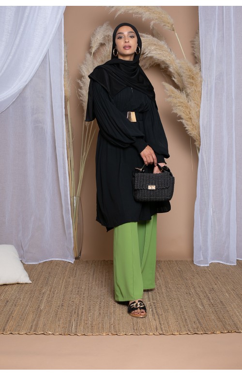 Maxi tunique plissé oversize noir pour femme musulmane