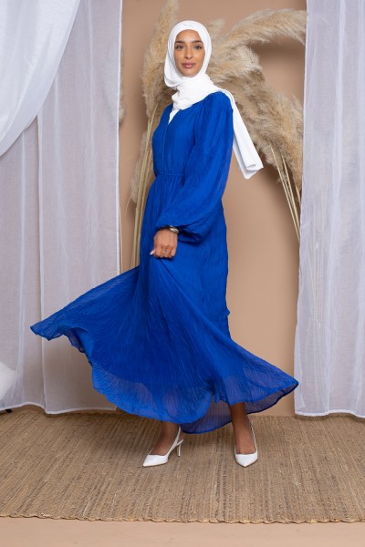 Blue chiffon flared pleated dress