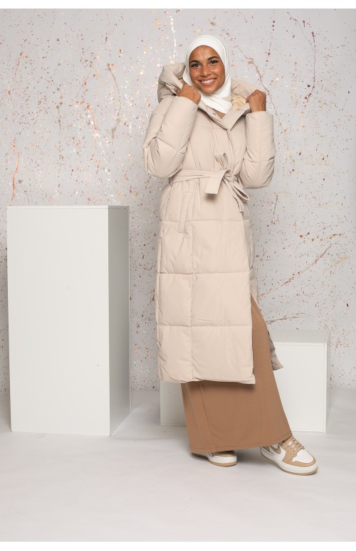 manteau doudoune longue beige collection hiver boutique musulmane
