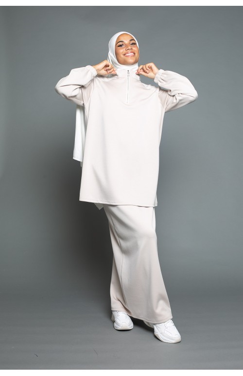 ensemble jupe et pull zip crème collection automne boutique moderne pour femme musulmane