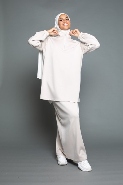 ensemble jupe et pull zip crème collection automne boutique moderne pour femme musulmane
