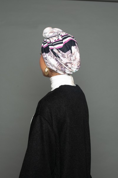 Structured turban satin creation purple print