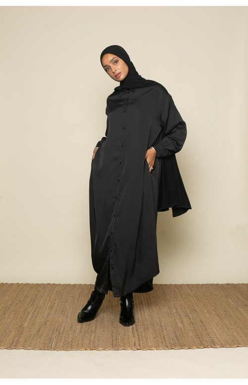 Robe chemise satiné noire chic et classe pour femme musulmane boutique hijab