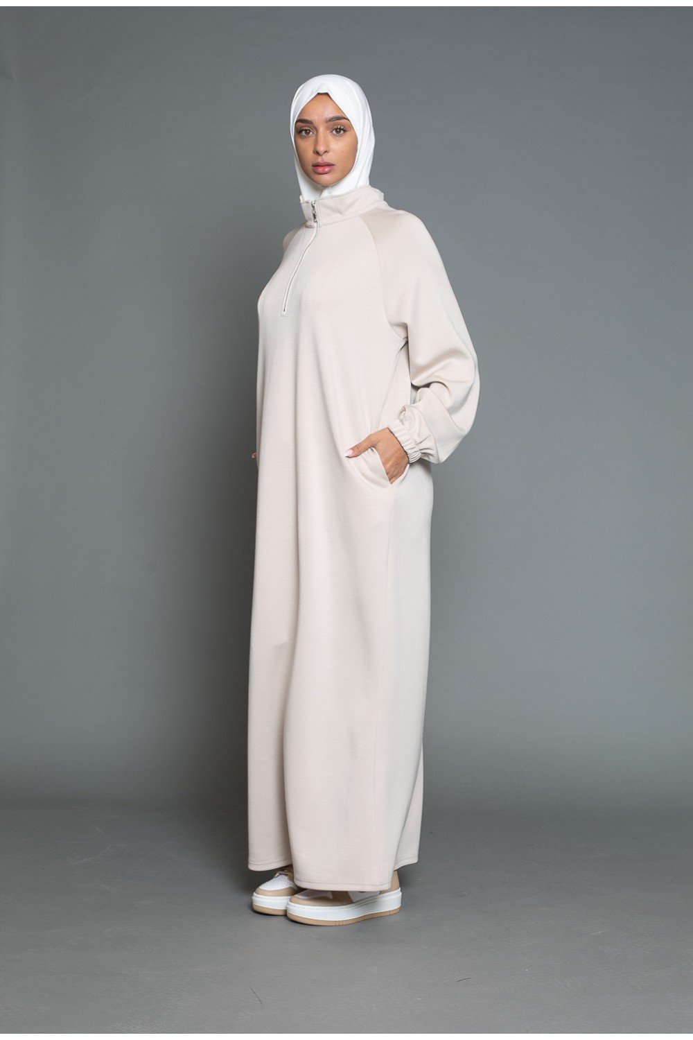 Robe col montant zip crème boutique musulmane pour femme