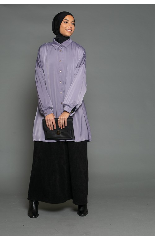 Chemise large satiné violine pour femme modeste musulmane