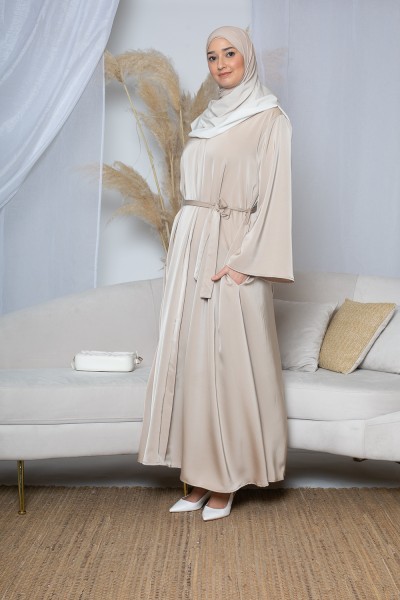 Light taupe satin dress with wide sleeves