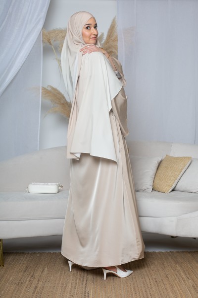 Light taupe satin dress with wide sleeves