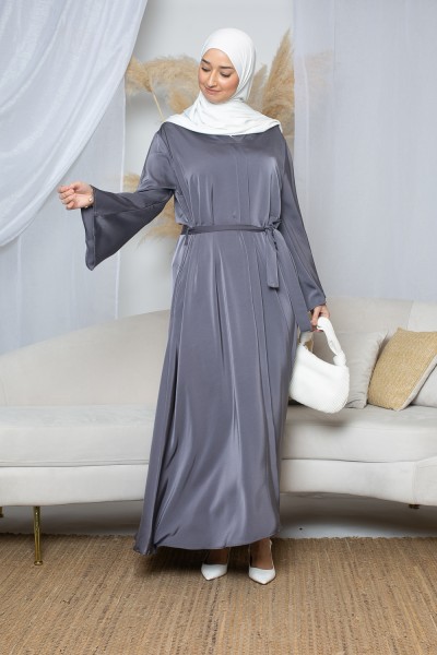 Dark gray satin dress with wide sleeves