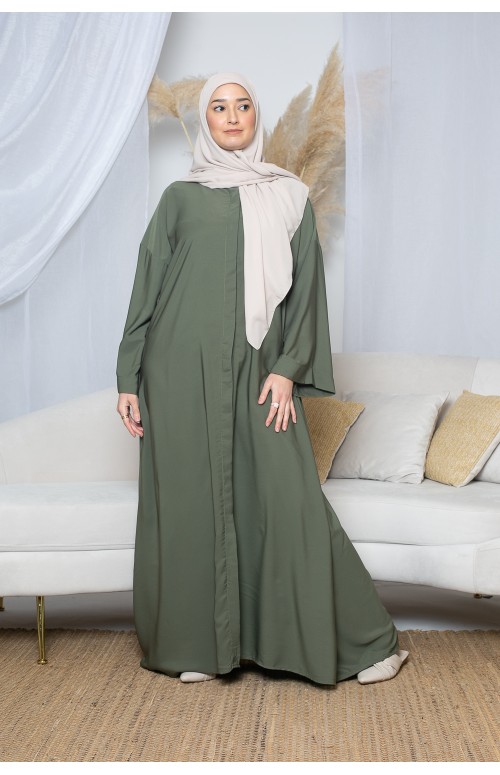 Robe  chemise kaki en soie de Médine pour femme . Boutique vêtement musulman