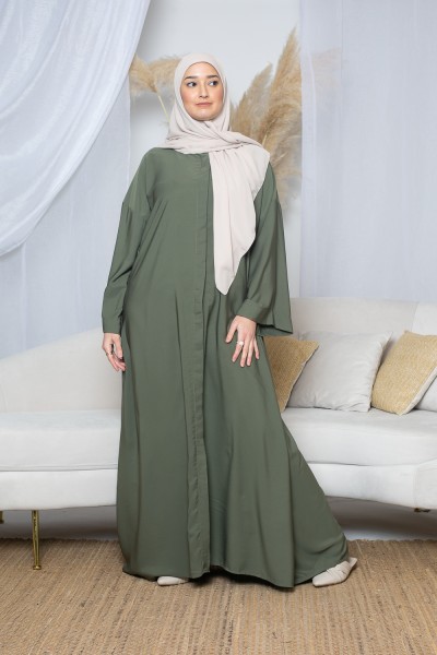 Robe  chemise kaki en soie de Médine pour femme . Boutique vêtement musulman