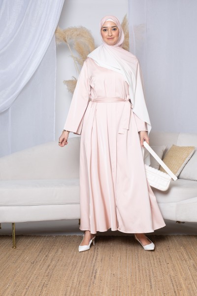 Powder pink satin dress with wide sleeves
