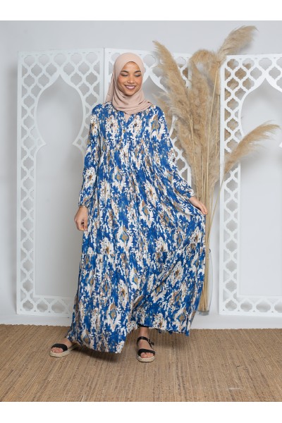 Blau bedrucktes Bohemian-Kleid aus Viskose