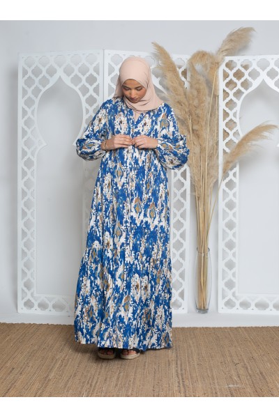 Blau bedrucktes Bohemian-Kleid aus Viskose