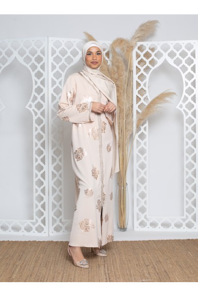 Robe caftan avec imprimé doré. Boutique moderne musulmane.